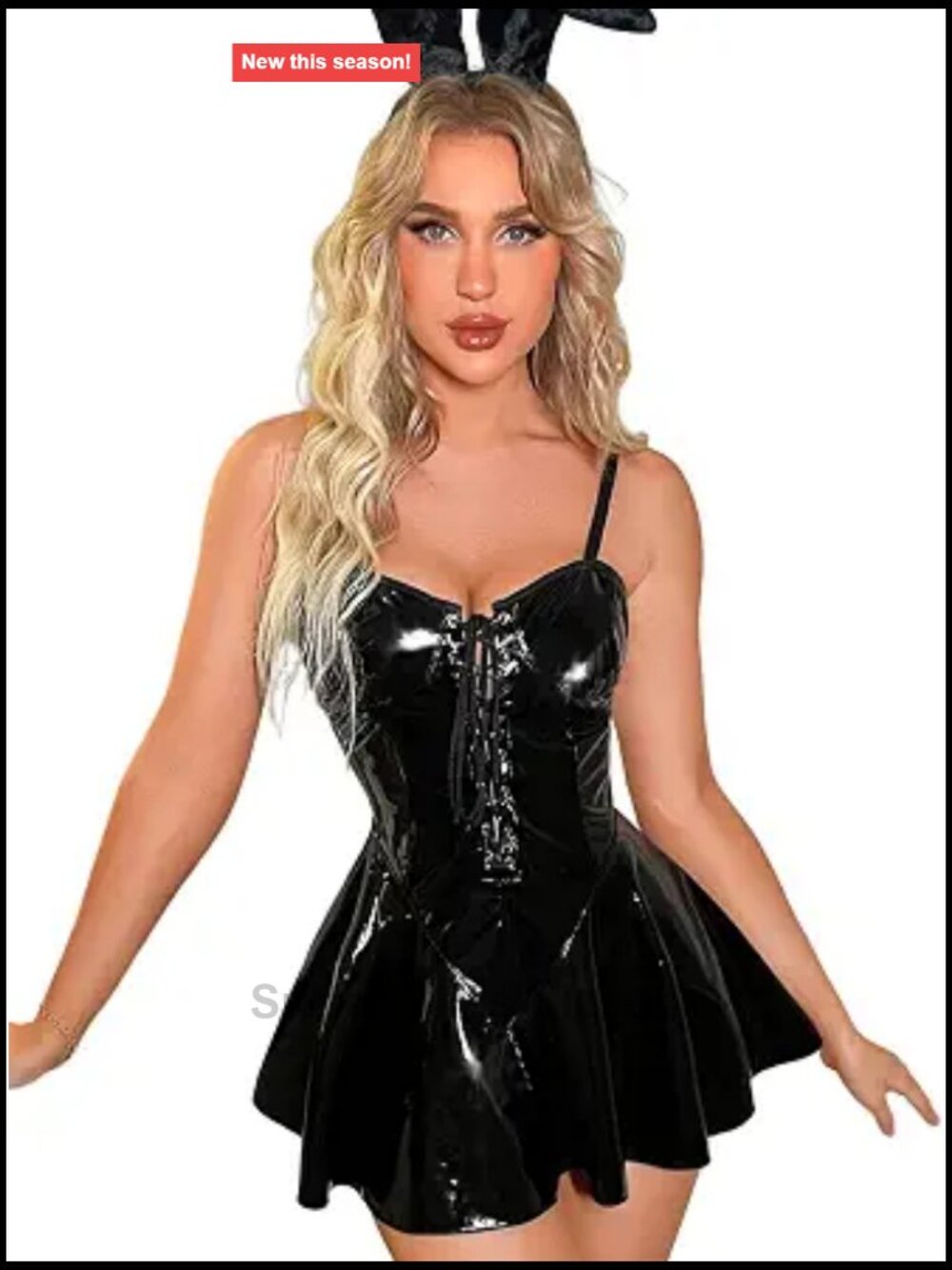 2PC Women's Bunny Rave Costume - Front Tie Up Wet Look Dress with Headband